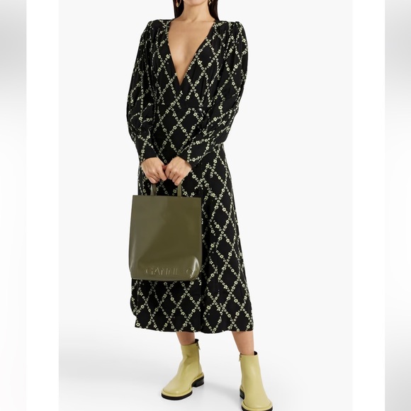 GANNI Crepe Button Wrap Dress - Picture 2 of 9